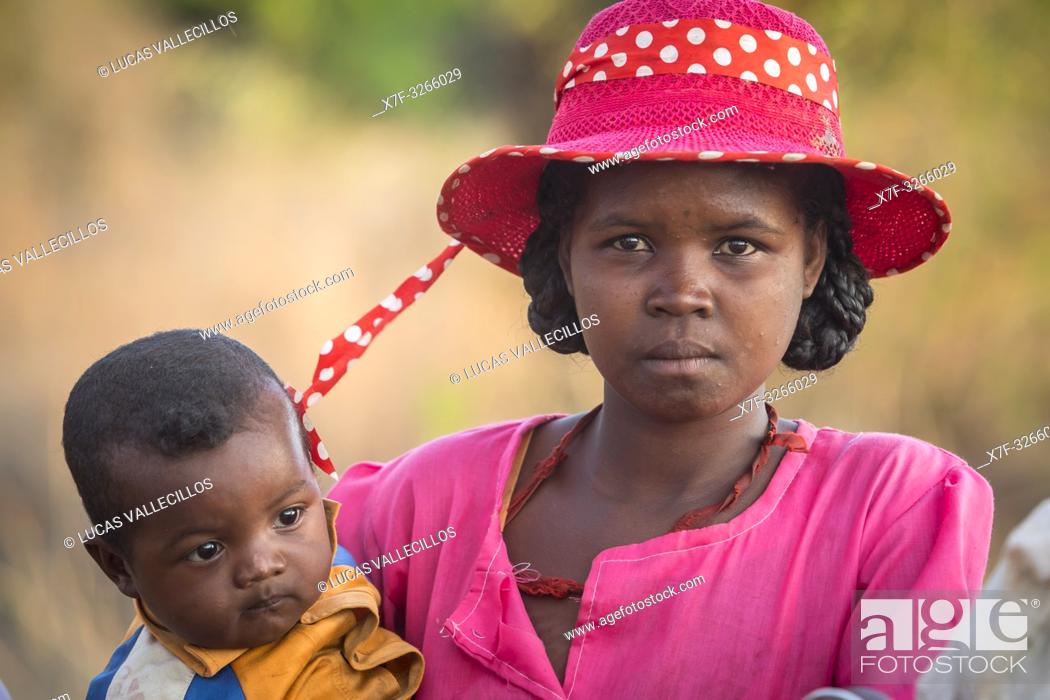 Stock Photo: Portrait of Malagasy mother and son, surroundings of Manja village, Madagascar.