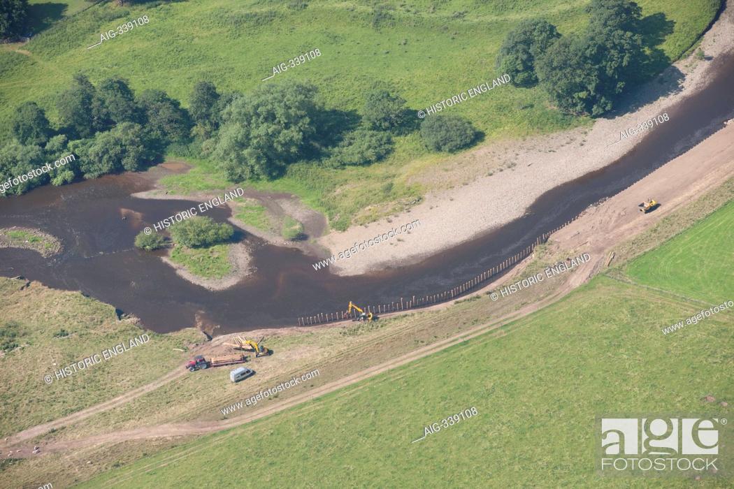 Stock Photo: River Ure restoration near Jervaulx Abbey, North Yorkshire, 2014. Aerial view.