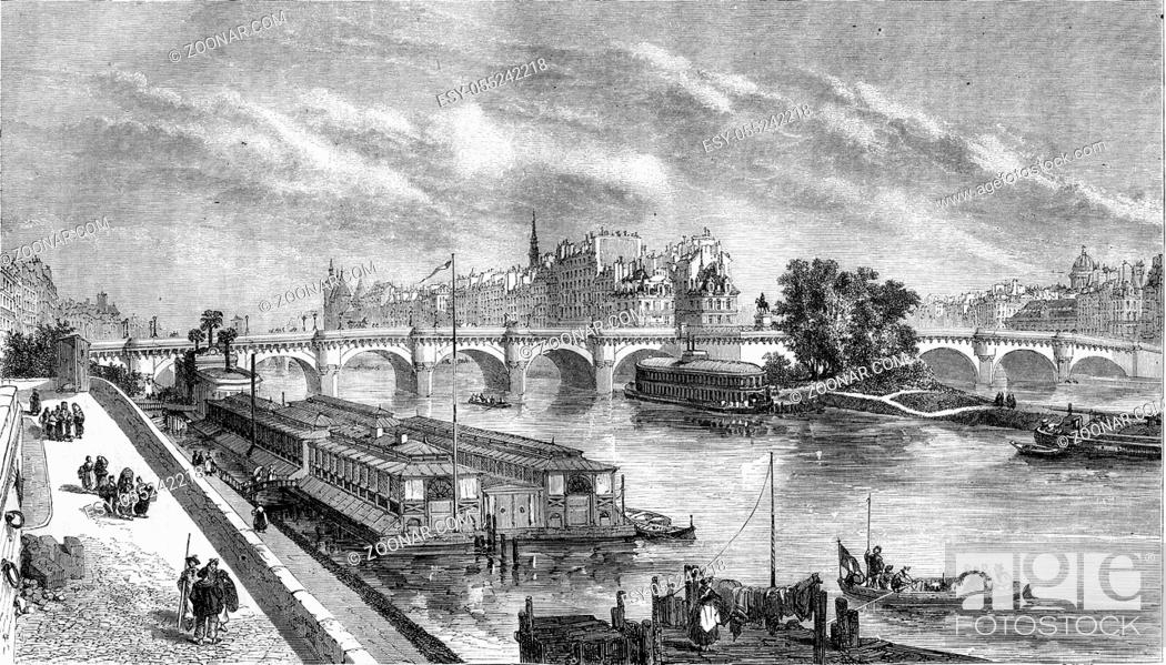Stock Photo: View of the Pont Neuf restored, vintage engraved illustration. Magasin Pittoresque 1857.