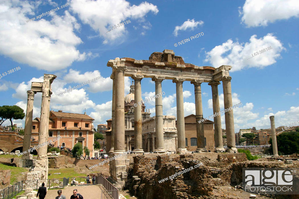 Stock Photo: The Forum, Settimo Severo arch, Concordia temple and Saturno's temple. Rome. Lazio. Italy.