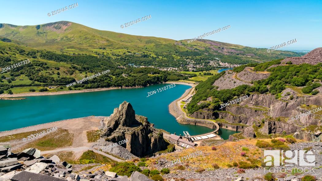 Stock Photo: View from Dinorwic Quarry, Gwynedd, Wales, UK - with Llyn Peris, the Dinorwig Power Station Facilities and Llanberis in the background.