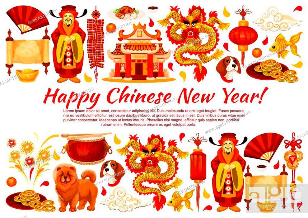 Happy Chinese New Year greeting card of traditional Chinese symbols for lunar  year holiday, Stock Vector, Vector And Low Budget Royalty Free Image.  Pic. ESY-040992046