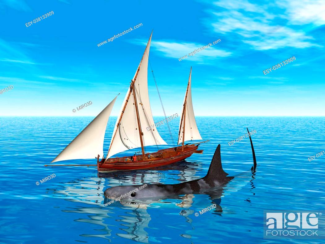 Stock Photo: Computer generated 3D illustration with the prehistoric Megalodon Shark.