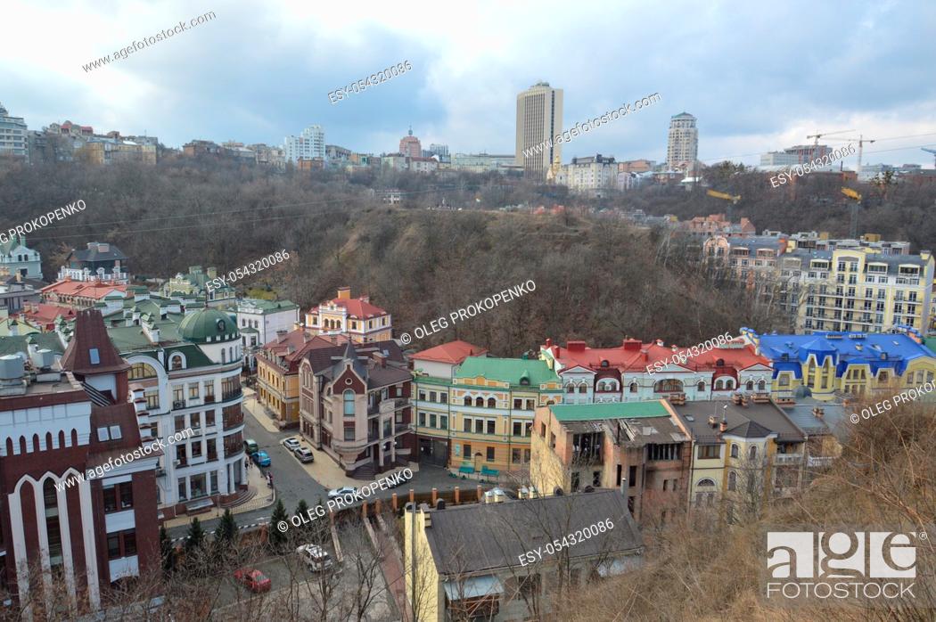 Stock Photo: KIEV, UKRAINE - FEBRUARY 16, 2020: Panorama of the city and architecture of the Podil.