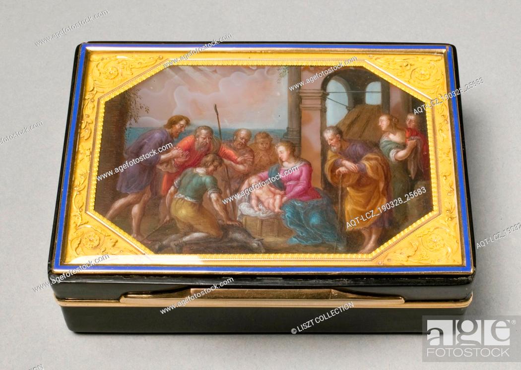 Stock Photo: Snuff Box , c. 1810-20. Pierre-André Montauban (French). Gold-mounted tortoiseshell, agate, enamel; overall: 9.5 x 7 x 1.9 cm (3 3/4 x 2 3/4 x 3/4 in.