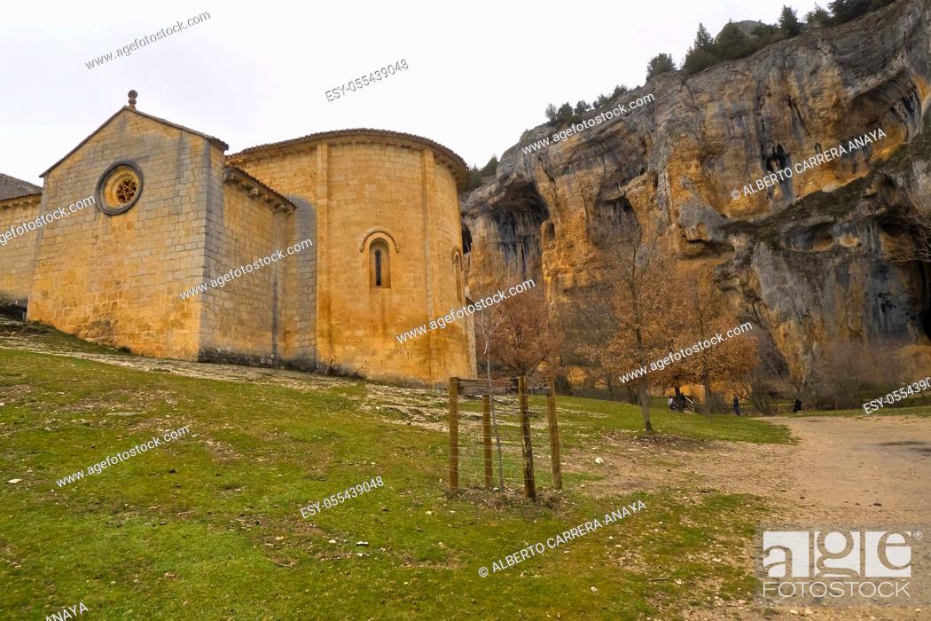 Stock Photo: San Bartolomé Hermitage, 13th century, Romanesque Style, Style, Cañón del Río Lobos Natural Park, Special Protection Area, Soria, Castilla y León, Spain, Europe.