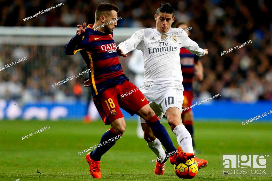 Stock Photo: 2015 La Liga Football Real Madrid v FC Barcelona Nov 21st. 21.11.2015. Madrid, Spain. Jordi Alba Ramos (18) FC Barcelona and James Rodriguez (10) Real Madrid.