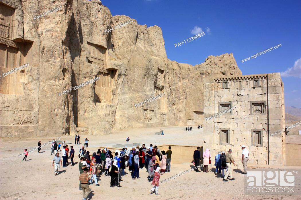 Stock Photo: Iran - Naqsh-e Rostam with the cross-shaped rock graves of the King (from left to right) Dareios II, Artaxerxes I, Dareios I and Ka'ba-ye Zartuscht (""Dice of.