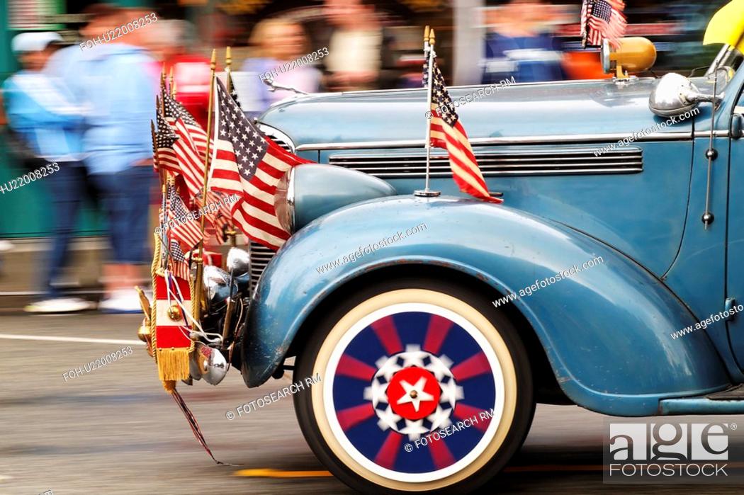 Stock Photo: driving, car, regalia, flags, adorned, classic.