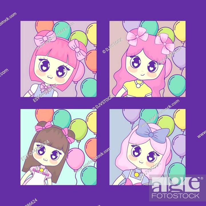 icon set of kawaii anime girls over colorful balloons and purple  background, vector illustration, Stock Vector, Vector And Low Budget  Royalty Free Image. Pic. ESY-044286624 | agefotostock