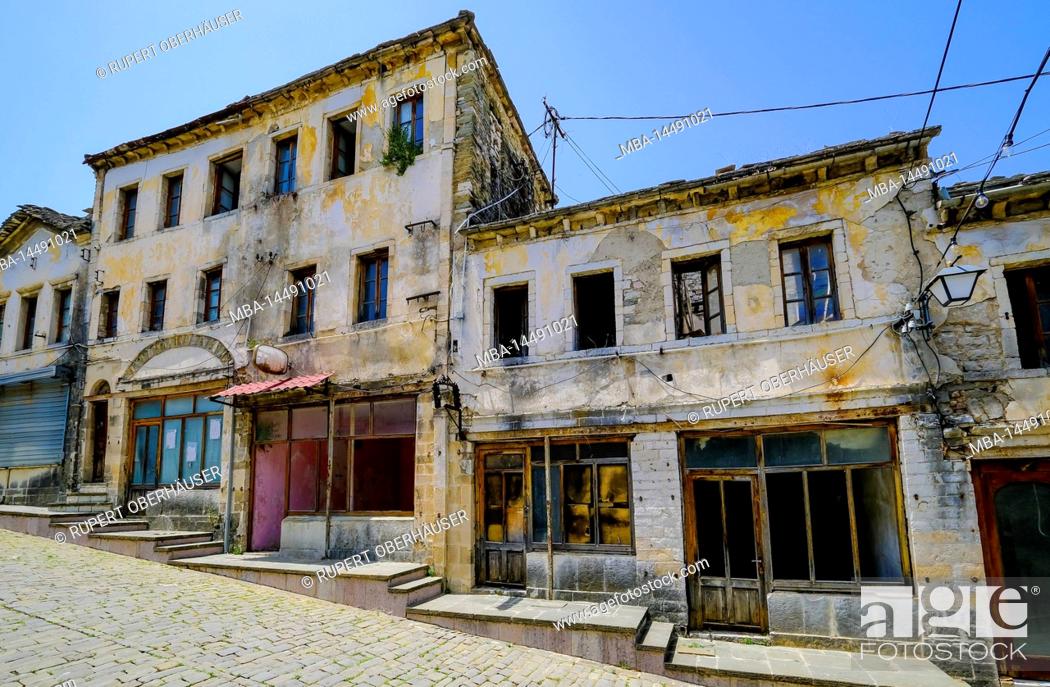 Stock Photo: City of Gjirokastra, Gjirokastra, Albania - The historic old town of the mountain city of Gjirokastra is gradually deteriorating.