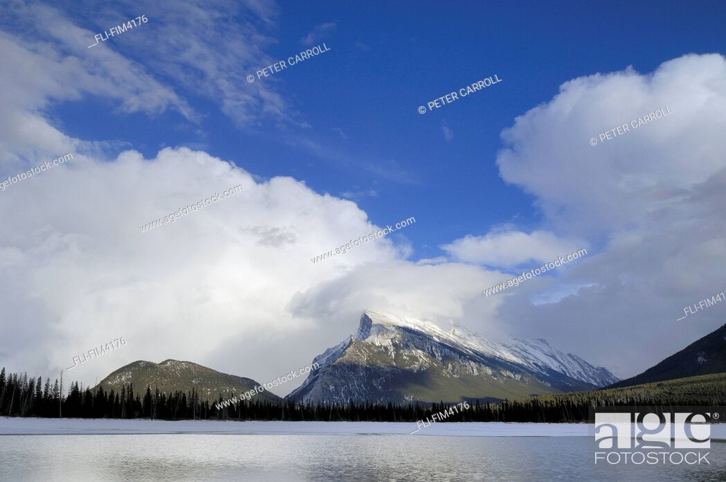 Stock Photo: Mount Rundle and Vermillion Lakes under a Cloudy Sky, Banff National Park, Alberta.
