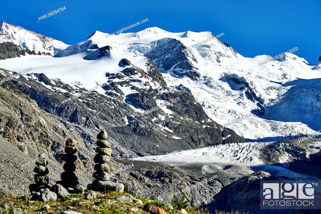 Stock Photo: Morteratsch, glacier, stone little man, the Engadine, Oberengadin, Graubünden, sky, blue, Sky-blue, scenery, mountains, mountains, mountainous region, Piz Palü.