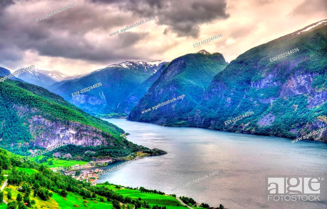 Stock Photo: View of Aurlandsfjord, a branch of Sognefjord, from Stegastein viewpoint, Norway.