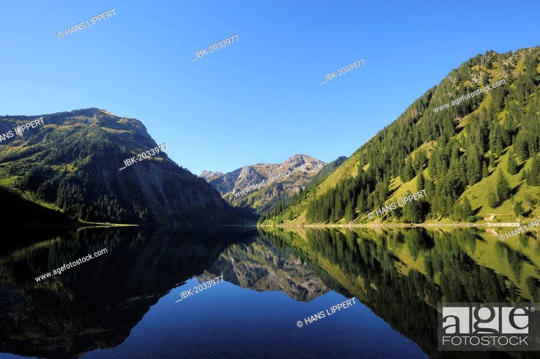 Stock Photo: Vilsalpsee lake at Tannheim, Vilsalpseeberge Mountains, Tannheimer Valley, Tyrol, Austria, Europe, PublicGround.