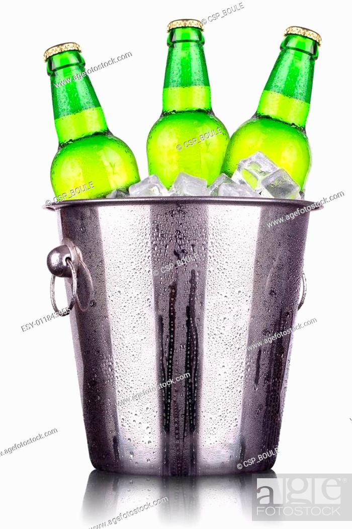Stock Photo: Beer bottles in ice bucket isolated.