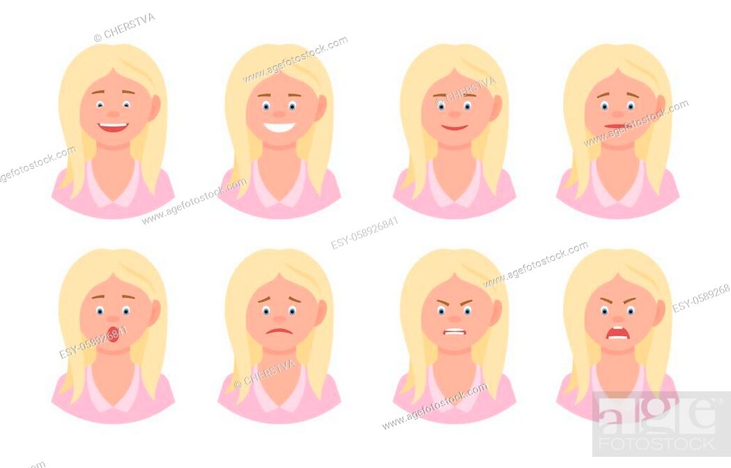 Emotional face cartoon character office woman front view vector  illustration set, Stock Vector, Vector And Low Budget Royalty Free Image.  Pic. ESY-058926841 | agefotostock