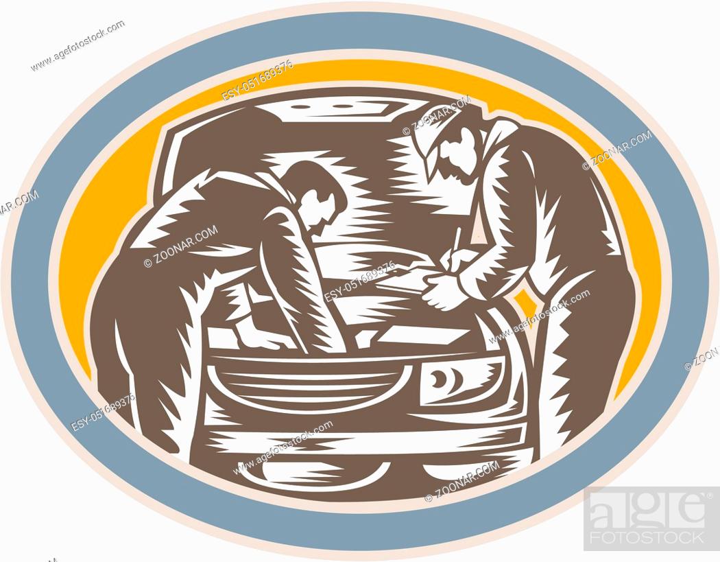Stock Photo: Illustration of two auto mechanic repairing automobile car vehicle viewed from front set inside oval shape done in retro woodcut style.