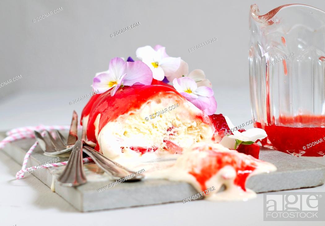 Stock Photo: Ice Cream, Summer, Romantic, Flower, Colorful, Roll, White, Gamble, Ice, Cake, Fruit, Red, Sweet, Strawberry, Pink, Grey, Bright, Dessert, Romance, Block, Cream, Blossom, Mixed, Gray, Bloom, Edible, Snack, Berry, Away, Sauce