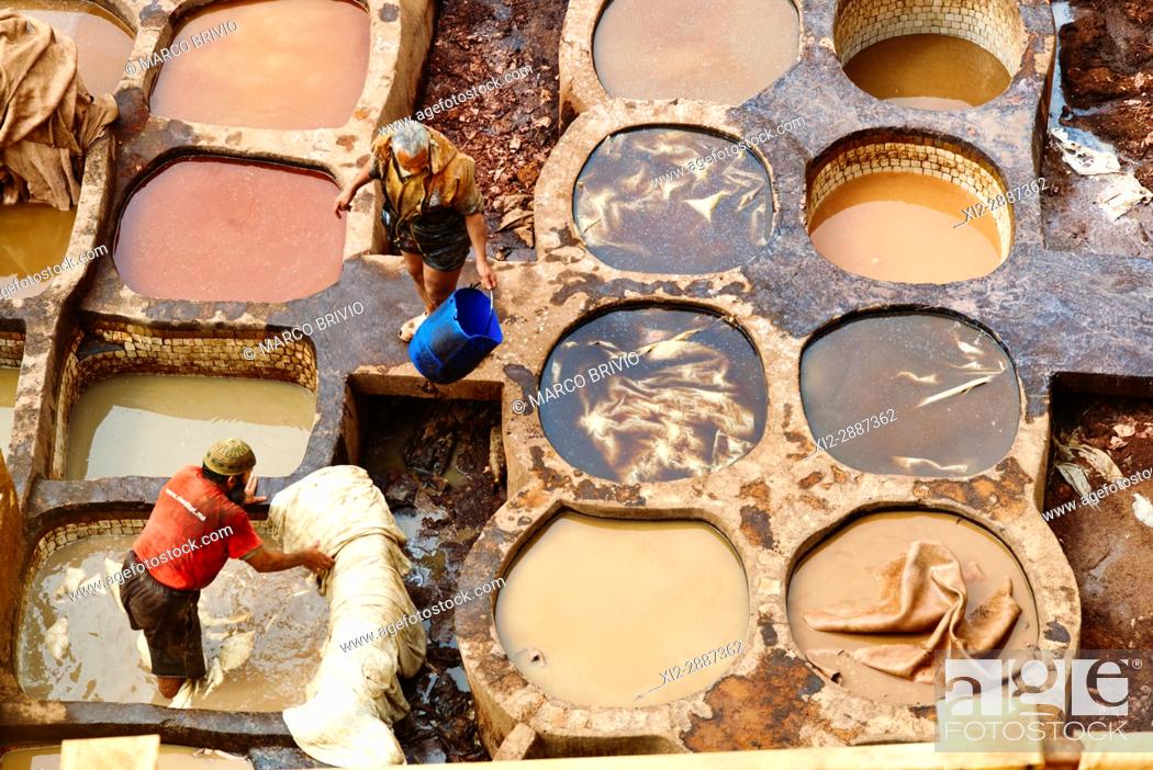 Stock Photo: Chaouwara Tanneries in the medina of Fez, Morocco.