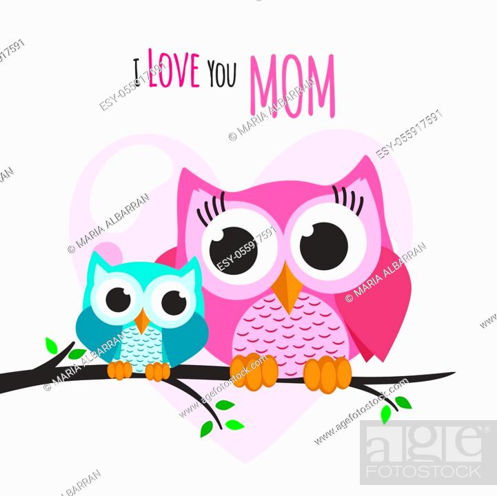 Vector: Mothers day owls on a tree. Vector illustration.