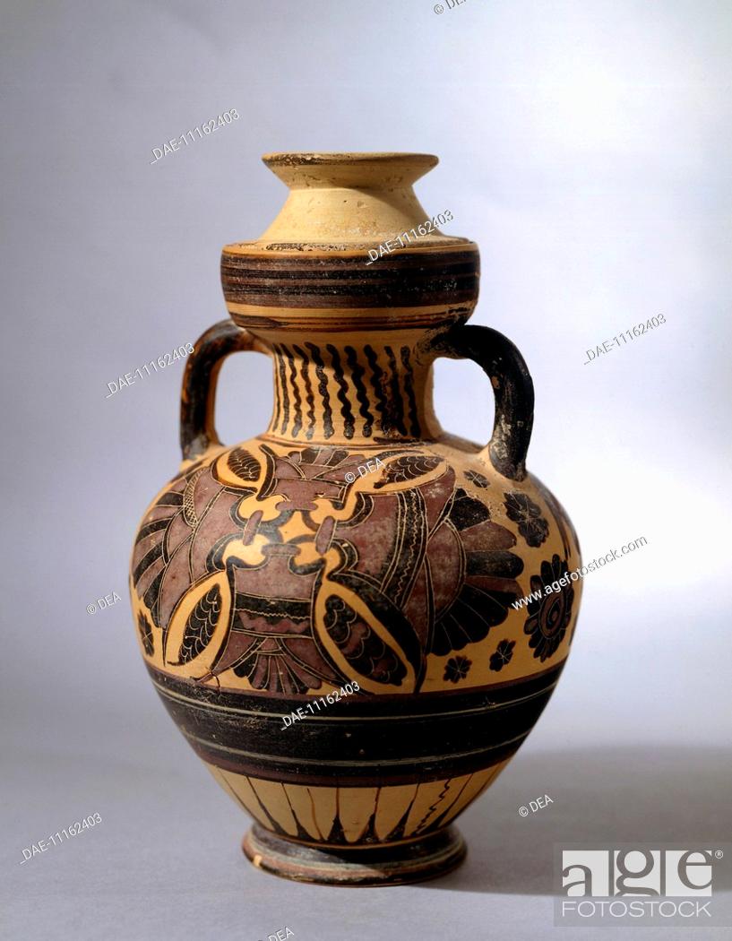 Stock Photo: Mid-Corinthian amphora in pottery, Greece. Greek Civilization, 7th-6th Century BC.  Corinto, Museo Archeologico.
