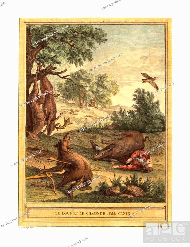 Stock Photo: A.J. de Fehrt after Jean Baptiste Oudry (French, born 1723 ), Le loup et le chasseur (The Wolf and the Hunter), published 1756, hand colored etching.