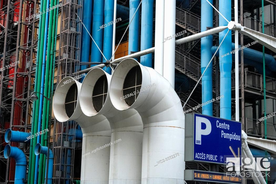 Stock Photo: France Paris 12 - 2019: Pompidou Centre, a complex building in the Beaubourg area, the first major example of an 'inside-out' building in architectural history.