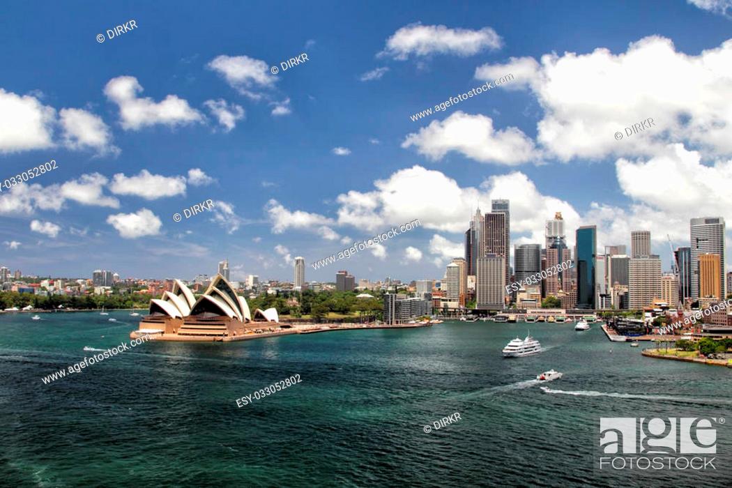 Stock Photo: Panorama of Sydney Cove and the Harbour of Sydney, Australien, view on the Skyline of Sydney and the Sydney Opera House. Seen from the Sydney Harbour Bridge.