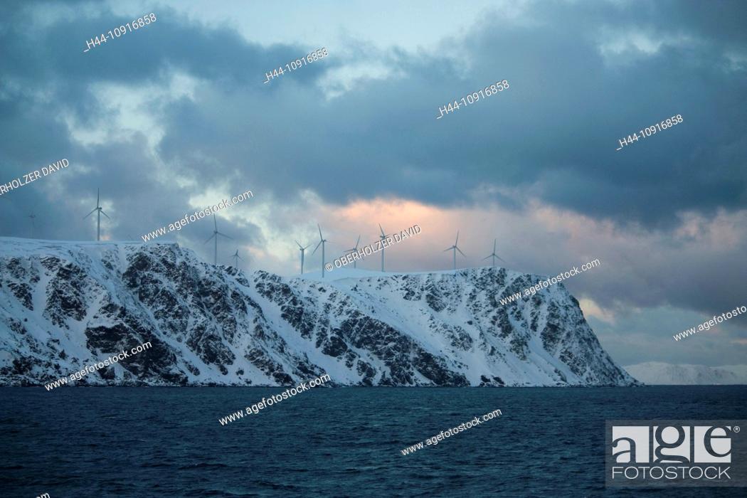 Stock Photo: Europe, Scandinavia, Norway, Hurtigruten, sea cruise, MS, Polarlys, cruise, ship journey, cold, mailboat, packet ship, wind park, energy, power production.