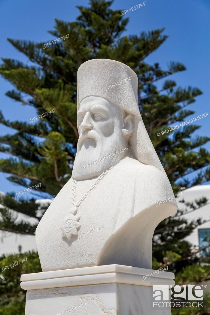 Stock Photo: Bust of Bishop Neophitos, Founder, Orthodox Cathedral (1870); Chora, Naxos Island, Cyclades, Greece.