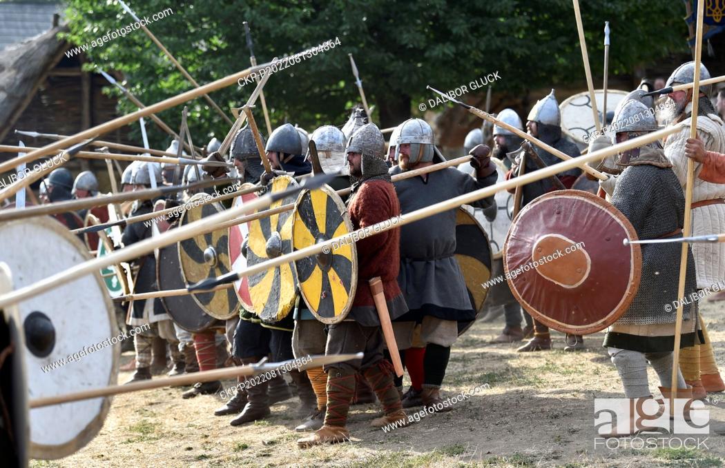 Stock Photo: Veligrad – a historical battle from the time of Great Moravia with combat demonstrations, falconry performances, crafts, archery, period market, competitions.