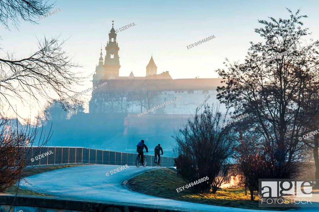 Stock Photo: Sunrise over the historic royal Wawel Castle in Cracow, Poland.