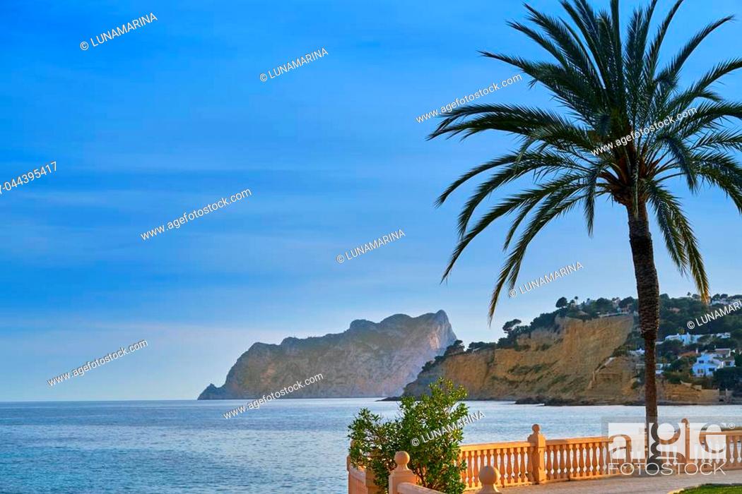 Stock Photo: Ifach Penon view from Moraira beach sunset in Alicante of Spain.
