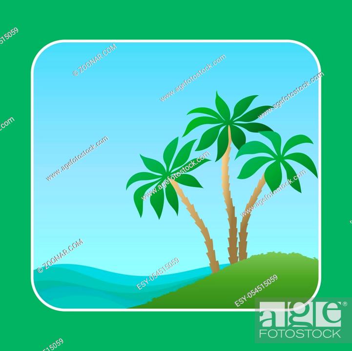 Stock Photo: Exotic Landscape, Tropical Island with Green Palm Trees, Sky and Blue Sea with Waves.