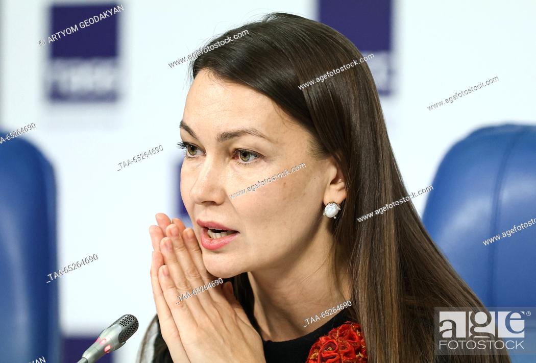 Stock Photo: RUSSIA, MOSCOW - NOVEMBER 27, 2023: Creative Economy president, Russian Creative Week director Marina Abramova attends a press conference on the 3rd Russian.