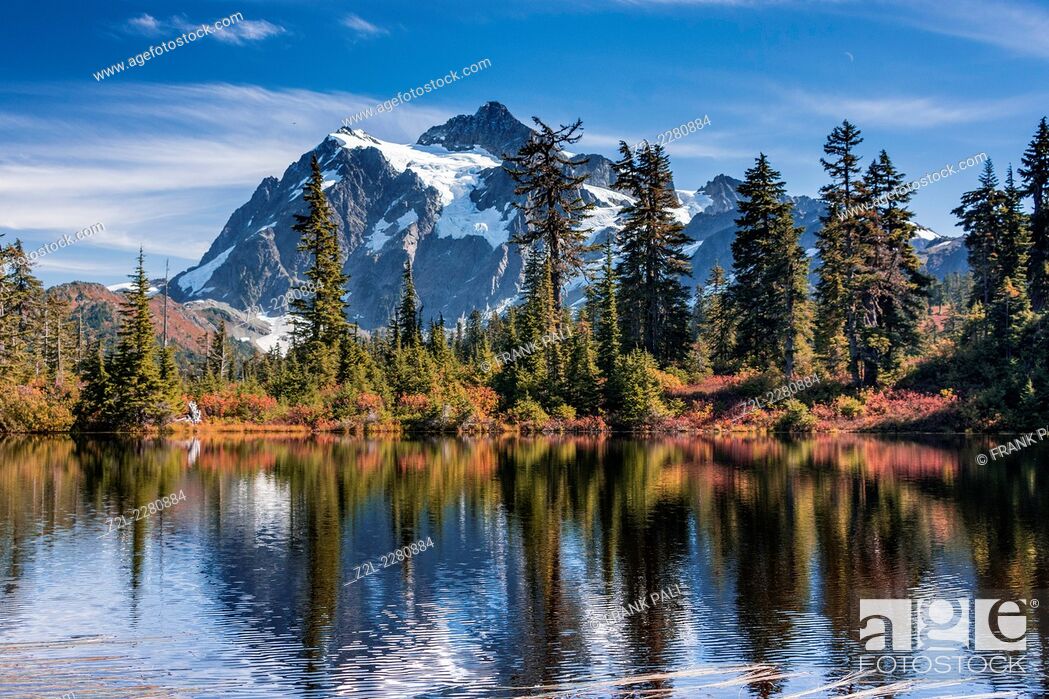 Stock Photo: Reflection of Mount Shuksan in Picture Lake, Mt. Baker-Snoqualmie National Forest, Washington, United States of America.