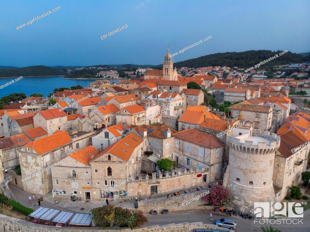 Stock Photo: Aerial drone view of Korcula old town, Dalmatia, Croatia.