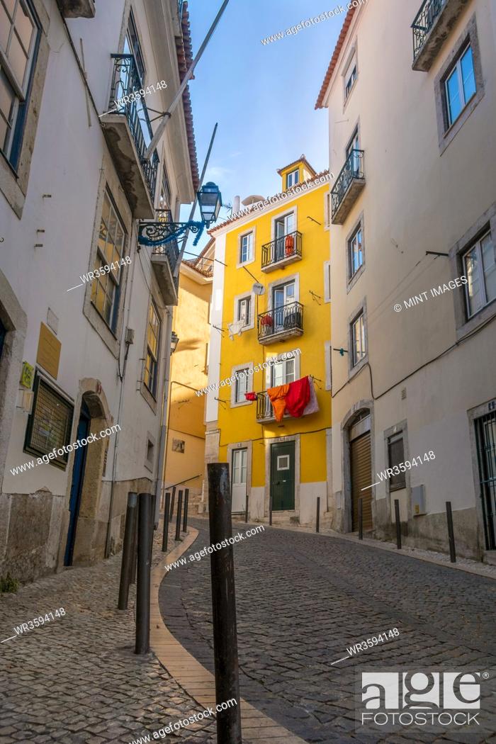 Stock Photo: Narrow back streets of Lisbon, Portugal.