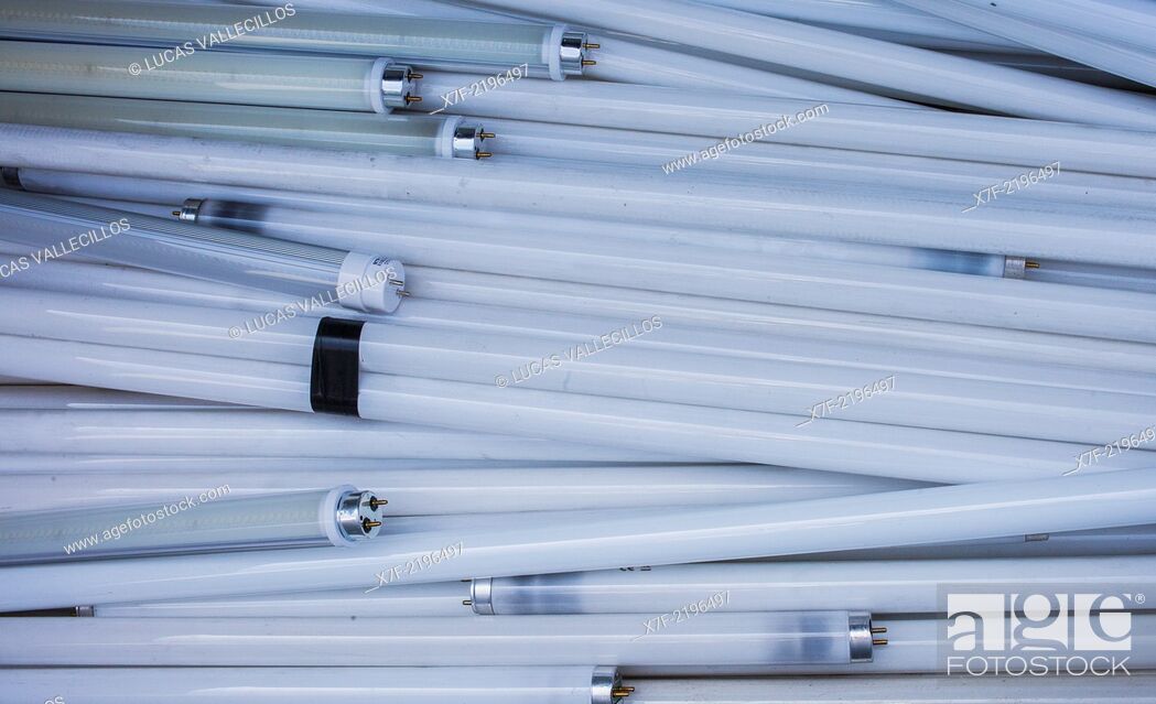 Stock Photo: fluorescents lamp tubes for disposal at a recycling yard, recycling center.