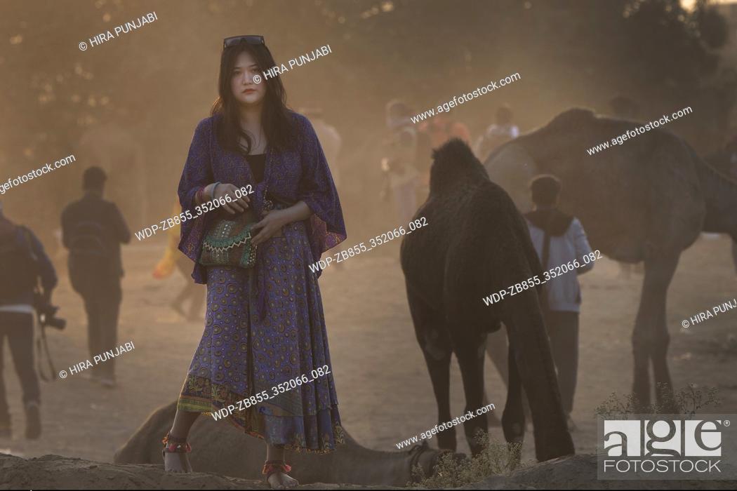 Stock Photo: Tourist lady at Pushkar Fair, Ajmer, Rajasthan, India, asia.