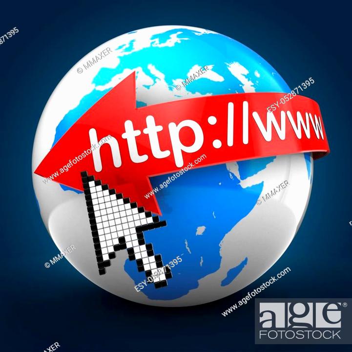 Stock Photo: 3d illustration of Earth globe over blue back with internet address text on red arrow.