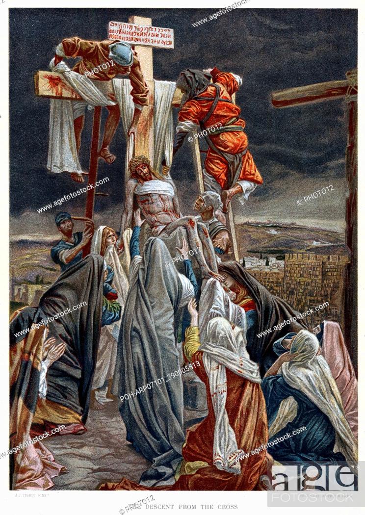 Stock Photo: Descent from the Cross. Illustration by JJ Tissot for his ""The Life of our Saviour Jesus Christ"" London c1890. Oleograph.