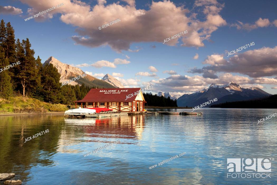 Stock Photo: The historic Curly Phillips Boathouse on Maligne Lake in Jasper National Park, Alberta, Canada - the boathouse built in 1928 by Donald 'Curly' Phillips is an.