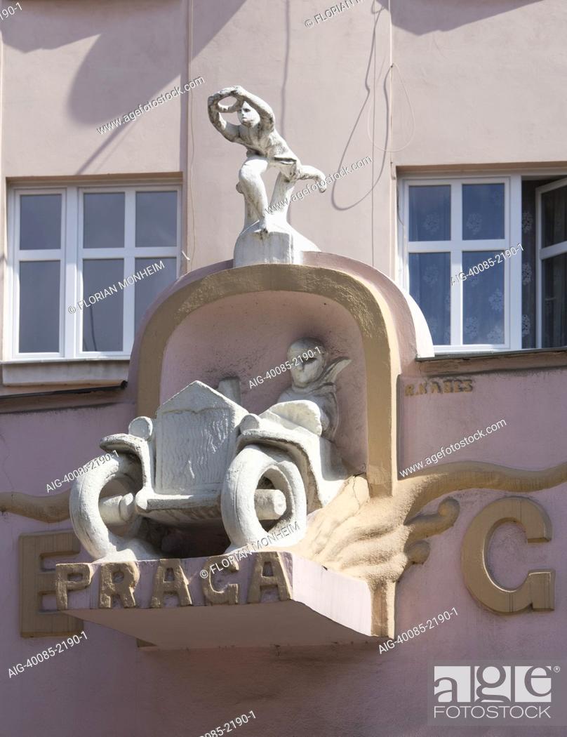 Stock Photo: Detail of decorative car relief on Praga Garage, Tabor, Bohemia, Czech Republic.