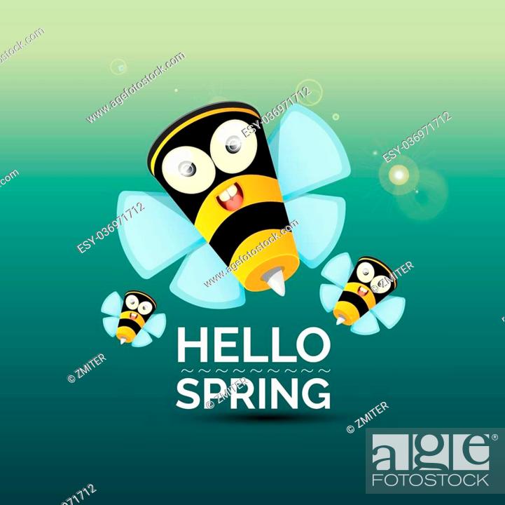 Stock Vector: Hello spring . cartoon cute bright baby bee. vector illustration.