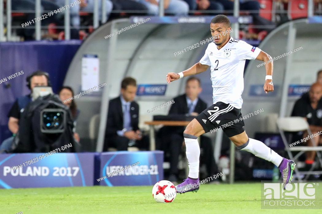 Stock Photo: The German player Jeremy Toljan plays the ball during the men's U21 European Cup Group C match between Germany and Denmark in Krakow, Poland, 21 June 2017.