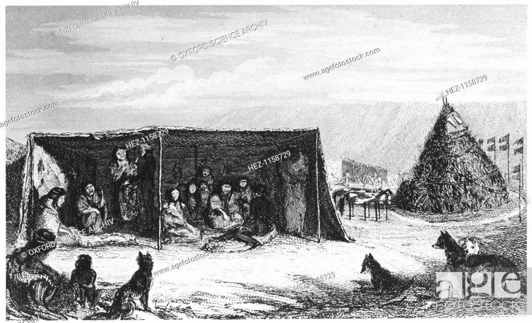 Patagonians in a 'toldo' or skin tent, 1830 (1839). On the right is the  tomb of a child who has..., Stock Photo, Picture And Rights Managed Image.  Pic. HEZ-1158729 | agefotostock