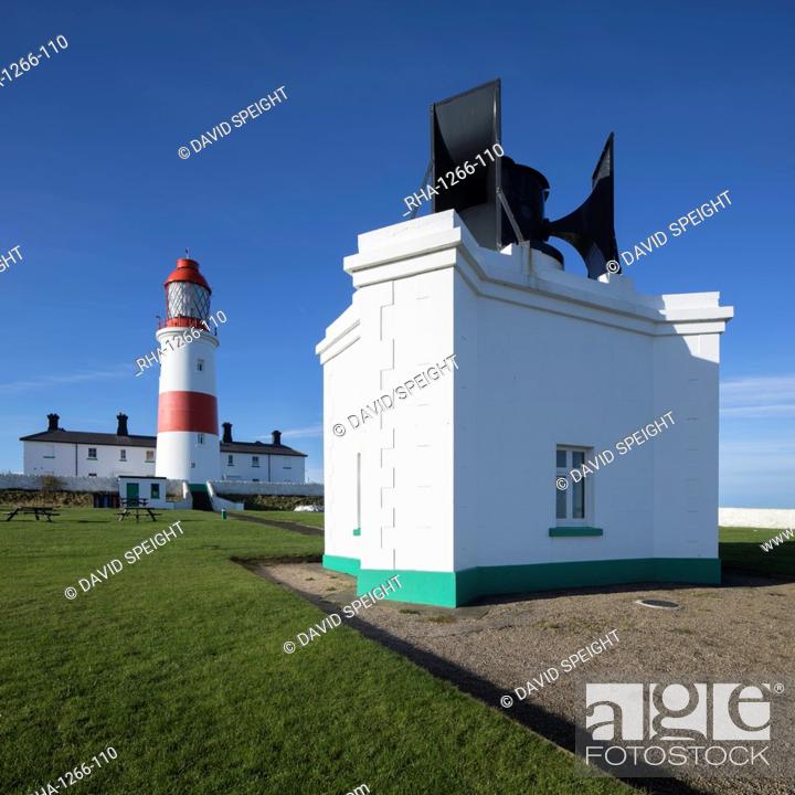 Stock Photo: Souter Lighthouse and Foghorn at Lizard Point on the north east coast, Whitburn, Sunderland, South Shields, Tyne and Wear, England, United Kingdom, Europe.
