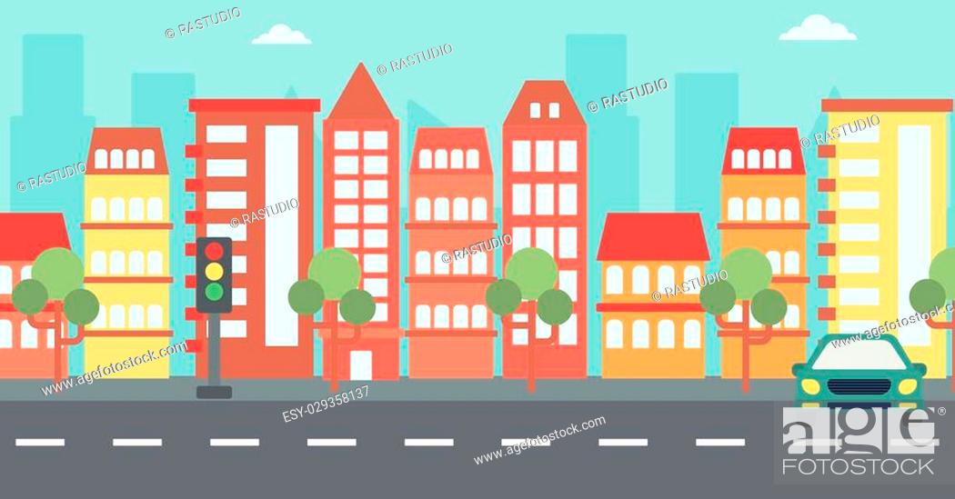 Background of modern city with a car on a road vector vector flat design  illustration, Stock Vector, Vector And Low Budget Royalty Free Image. Pic.  ESY-029358137 | agefotostock